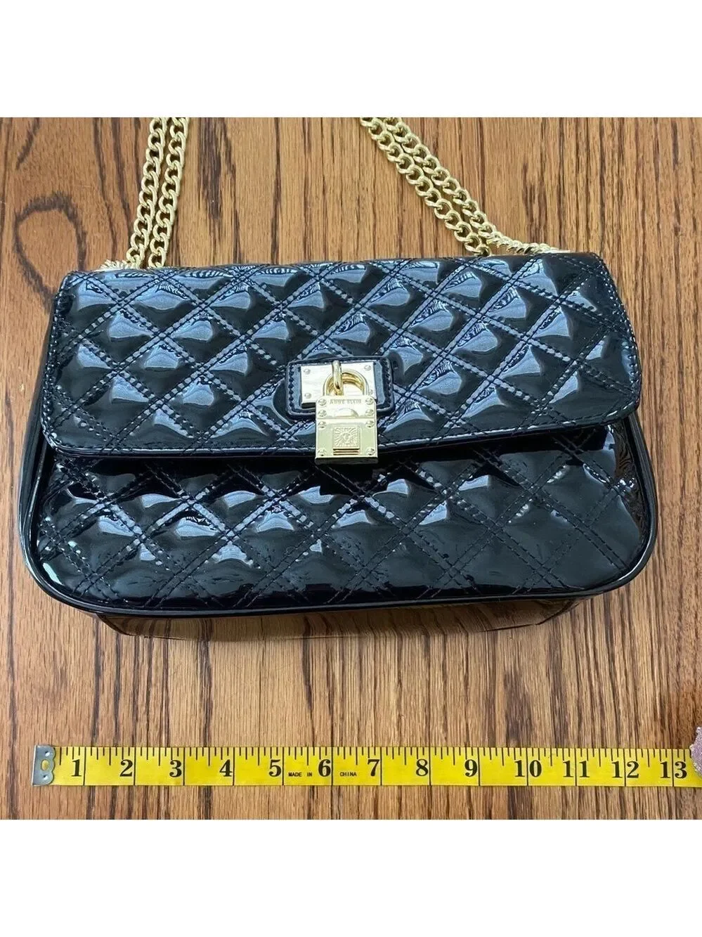Anne Klein Black Quilted Patent Shoulder Bag Gold Tone Hardware